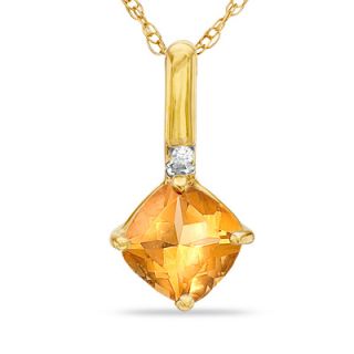 0mm Cushion Cut Citrine and Diamond Accent Drop Pendant in 10K Gold