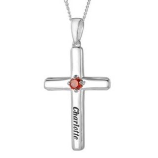 Simulated Birthstone Cross Name Pendant in Sterling Silver (1 Name and