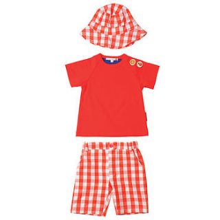 boys' red hat, t shirt & checked shorts set by olive&moss