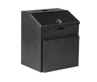 Suggestion Box with Lock for Wall Mount or Tabletop Use, Locking Hinged Lid, Metal Ballot Box with Pocket for Donation Forms or Envelopes (Not Included), Black  Locking Cash Donation Box 