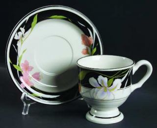 Sango Memories Footed Cup & Saucer Set, Fine China Dinnerware   Flowers On Black