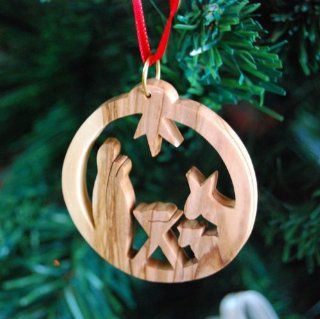 Hand Carved Olive Wood Holy Family in Circle Ornament   Christmas Ornaments