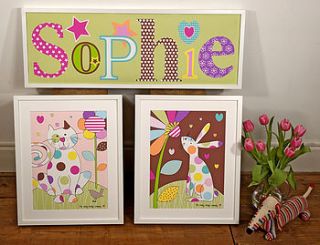 girl's personalised name print & matching illustrations by the funky design company
