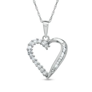 CT. T.W. Baguette and Round Diamond Heart Pendant in 10K White