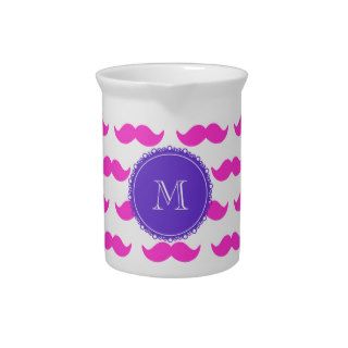 Hot Pink Mustache Pattern, Purple White Monogram Beverage Pitchers