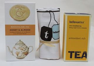 tea, tea towel & biscuits gift set by bellevue tea