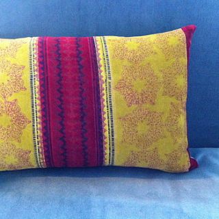 block printed velvet cushion in lime and red by the forest & co