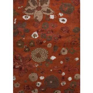 Hand knotted Red/ Orange Floral Pattern Wool/ Silk Rug (56 X 86)