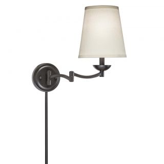 Swing Arm 1 light Plug in Bronze Wall Lamp With Linen Shade