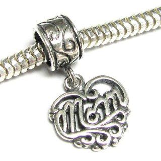 .925 Sterling Silver Heart Love Mom Dangle Bead Charm For European Charm Bracelets Jewelry