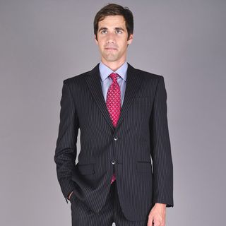 Mens Wrinkle resistant Black Striped Two button Wool Suit