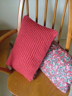 hand knit and liberty fabric cushion by a homespun home