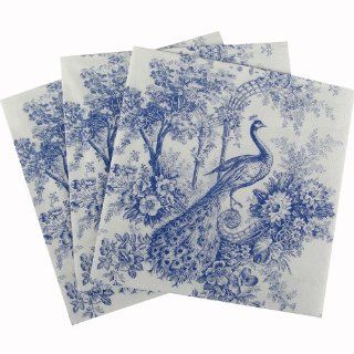 Paperproducts Design 1251039 Blue and White Toile Peacock Paper Beverage/Cocktail Napkin, 5 by 5 Inch Kitchen & Dining