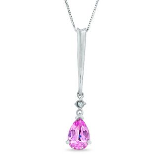 Pear Shaped Lab Created Pink Sapphire and Diamond Stick Pendant in 14K