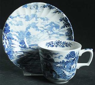 Staffordshire Bluebrook Flat Cup & Saucer Set, Fine China Dinnerware   Swirl Rim
