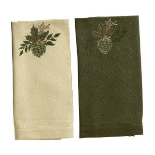 Grasslands Road Boughs of Holly Pinecone Embroidered Evergreen and Cream Hand Towel/Napkins, Set of 32  