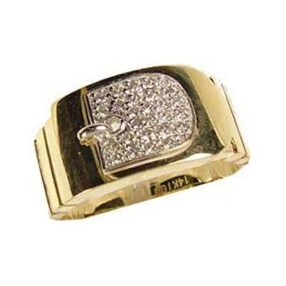 14k Yellow Gold, Fancy Belt Buckle Design Dressy Ring with Sparkly Created Gems Jewelry