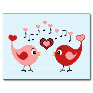 Cute Singing Love Birds   Red & Pink Heart Cartoon Post Card