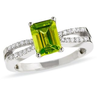Emerald Cut Peridot Ring in 10K White Gold with Diamond Accents