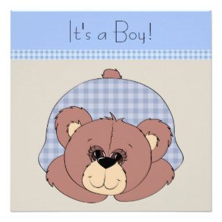 Blue Brown Teddy Bear Baby Boy Shower Personalized Announcements