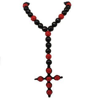 Black Onyx Ball Bead Rosary Chain Necklace with Red Swarovski Crystals 28" 26" (26 Inches) Jewelry