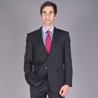 Mens Black Striped Two button 100 Percent Virgin Wool Suit