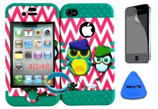 Apple Iphone 4/4s Golf Owls on Pink Chevron Waves Pattern Design Textured Protective Cover Case Over Teal Gel Hybrid Dual Layer Case Cover. (Included Screen Protector, Wristband and Pry Tool Exclusively By Wirelessfones Tm) Cell Phones & Accessories