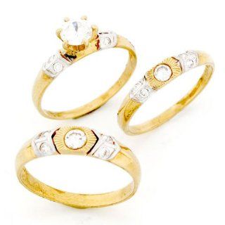 10k Gold His & Hers Matching CZ 3 Trio Wedding Ring Set Jewelry