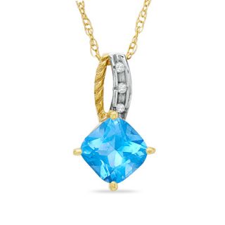0mm Cushion Cut Blue Topaz and Diamond Accent Pendant in 10K Gold