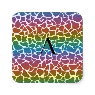 Monogram rainbow giraffe print square stickers