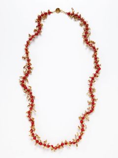 LONG red pearl and gold safety pin necklace by Tom Binns