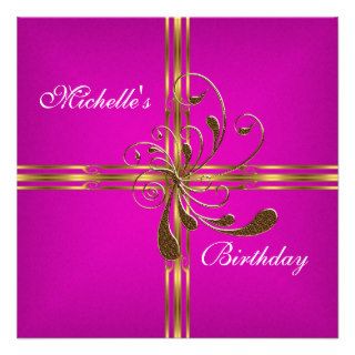 Birthday Party Hot Pink Gold Gift Bow Invite