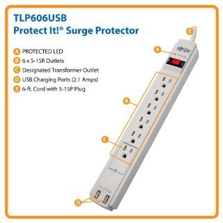 TRIPP LITE TLP606USB Surge Protector Strip Dual 2.1amp total USB Charging ports 6 Outlet 6 Foot Cord 990 Joule 120V Electronics