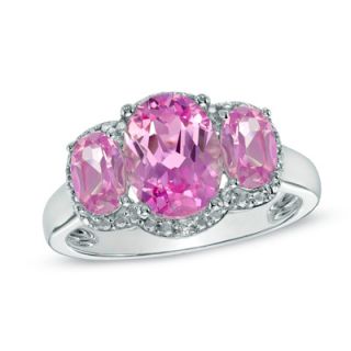 Oval Lab Created Pink Sapphire and Diamond Accent Three Stone Ring in
