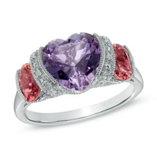 0mm Heart Shaped Amethyst, Pink Tourmaline and Diamond Accent Ring