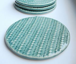 set of four knitted pattern ceramic coasters by lauren denney