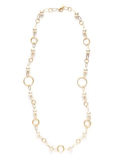 Gold Vermeil Open Circle & White Pearl Station Necklace by Majorica