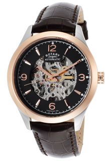 Rotary GS03715 04  Watches,Mens Automatic Brown Genuine Leather Skeletonized Black Dial, Casual Rotary Automatic Watches