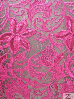 LILY FLOWER GUIPURE SEQUIN LACE FABRIC   Fuchsia   50" WIDTH SOLD BTY CHEMICAL VENICE