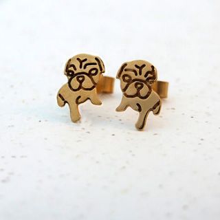 gold plated watching pug earrings by plain jane pugs