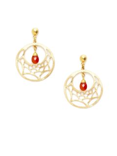 Red Onyx & Gold Geometric Cutout Circle Drop Earrings by Kanupriya
