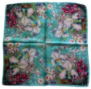 100% Pure Silk Flowers Lilies/popies Print Small Square Scarf Lake Blue