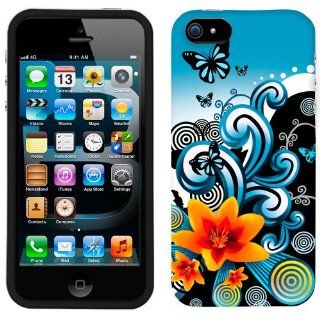 Apple iPhone 5s Yellow Lily with Butterflies on Blue and Black Phone Case Cover Cell Phones & Accessories
