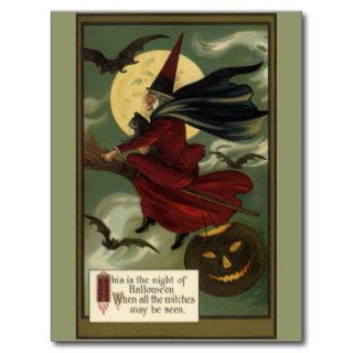 Vintage Halloween Witch Riding a Broom and Moon Postcards
