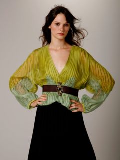 SILK PLISSE BROOCH BELTED BLOUSE by Zac Posen