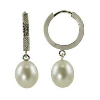 5mm Cultured Freshwater Pearl and Diamond Accent Hoop Dangle