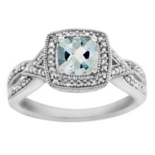 Cushion Cut Aquamarine and 1/7 CT. T.W. Diamond Ring in Sterling