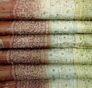 Vintage Silk Blend Sari Embroidered Curtain Drape Craft Fabric Beige Women Wrap Dress Recycled Fabric Indian Saree