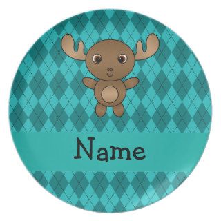 Personalized name moose turquoise argyle dinner plate