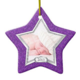 Baby's First Christmas Photo Silver Purple Star Christmas Ornament
